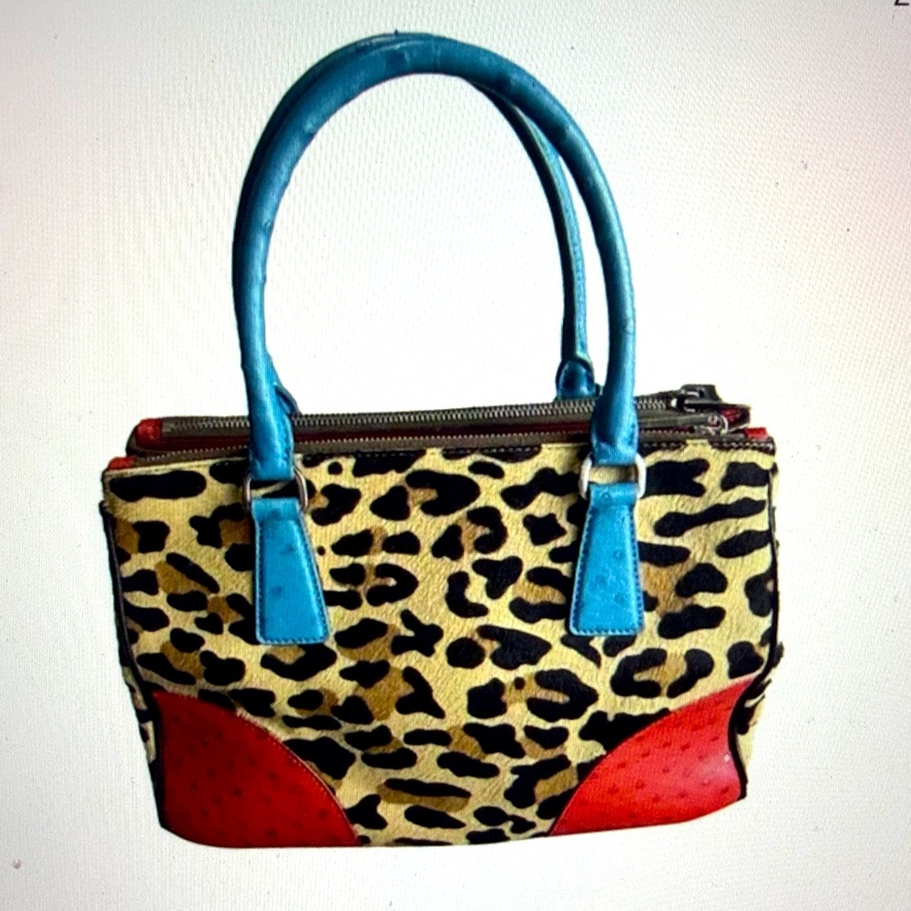 Prada Leopard Print Shoulder Bag with Blue and Red Accents